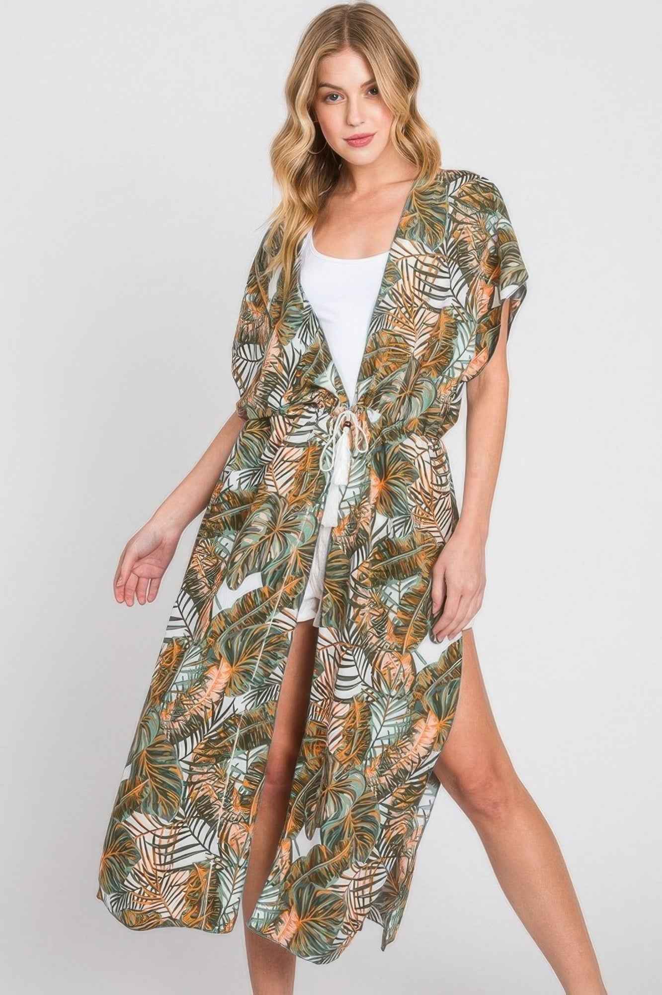 Tropical Leaves Print Self-tie Drawstring Cover Up