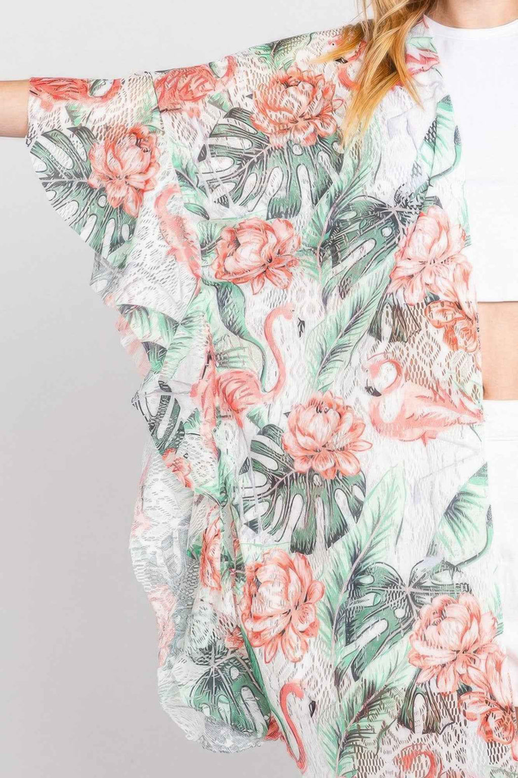 Ruffle Lined Tropical Flamingo Print Open Front