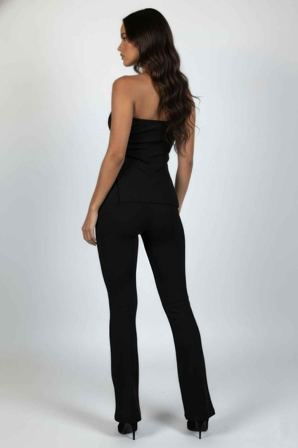Ribbed Slit Tube Top & High-waist Flare Pants Set