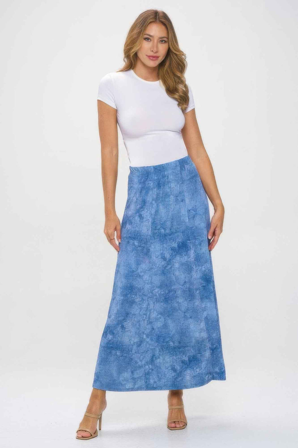 Elastic Waistband Denim Print Long Flared Skirt