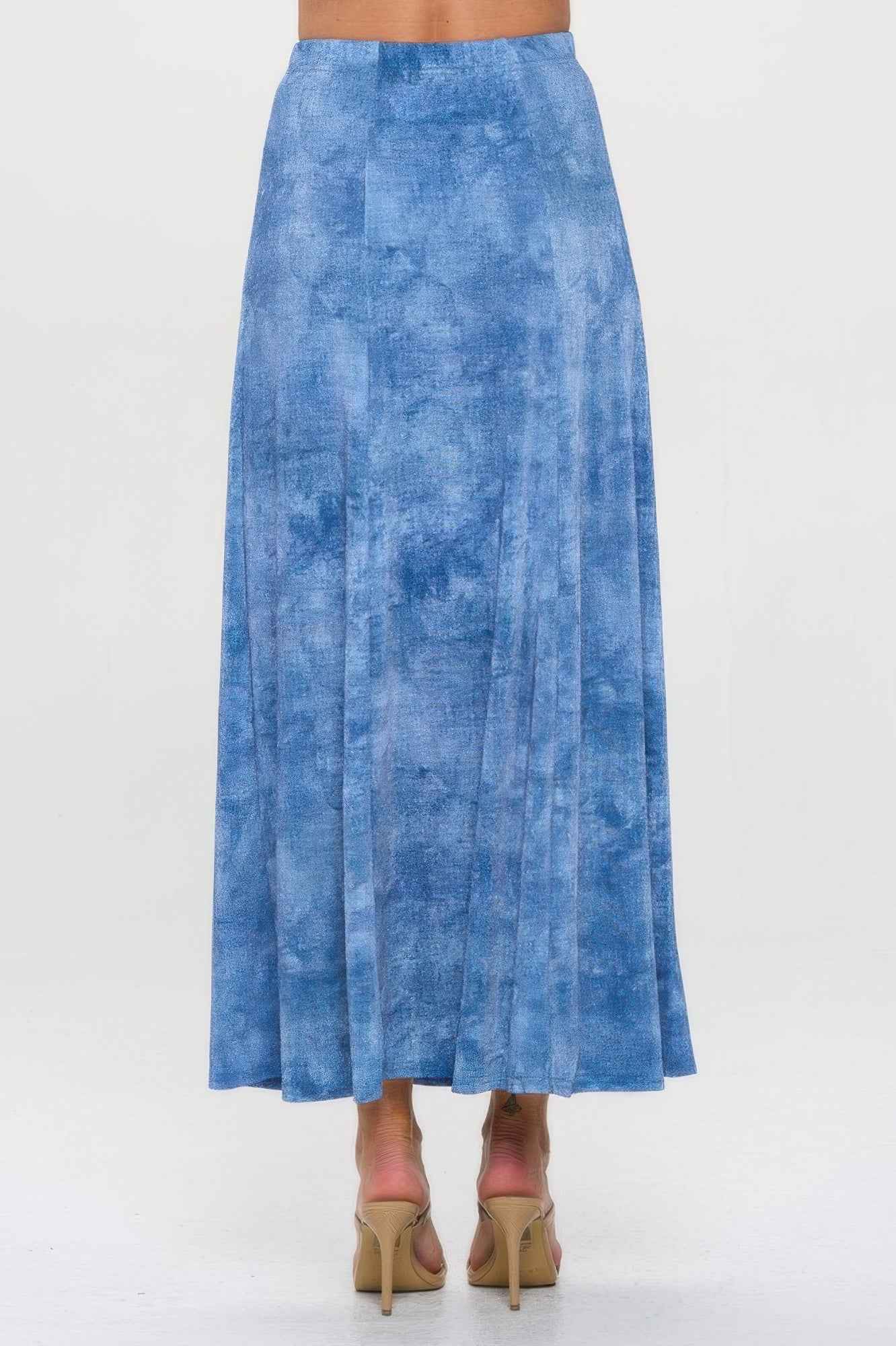 Elastic Waistband Denim Print Long Flared Skirt