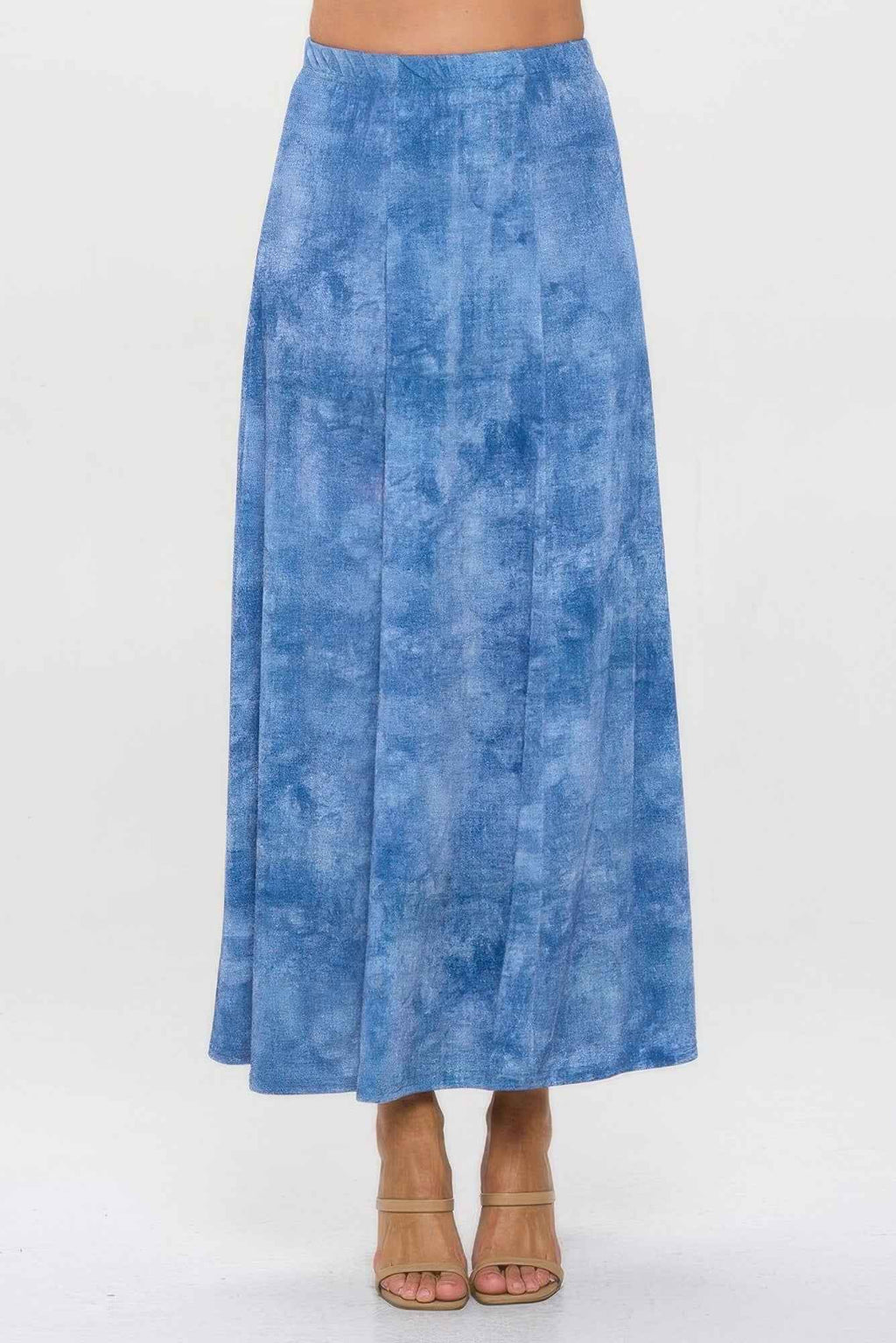 Elastic Waistband Denim Print Long Flared Skirt