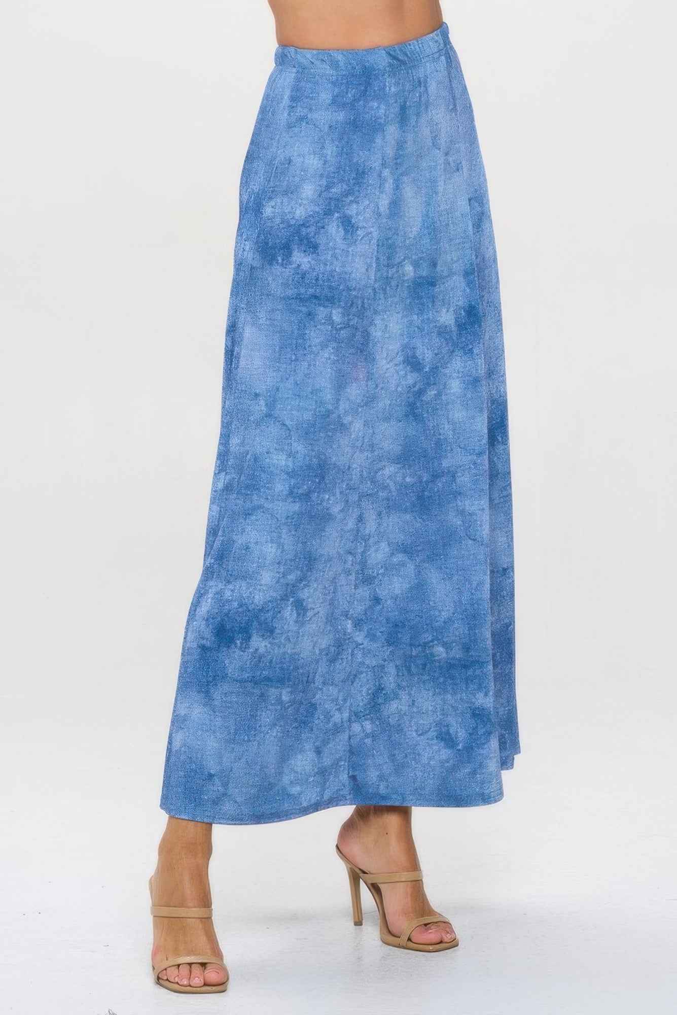 Elastic Waistband Denim Print Long Flared Skirt