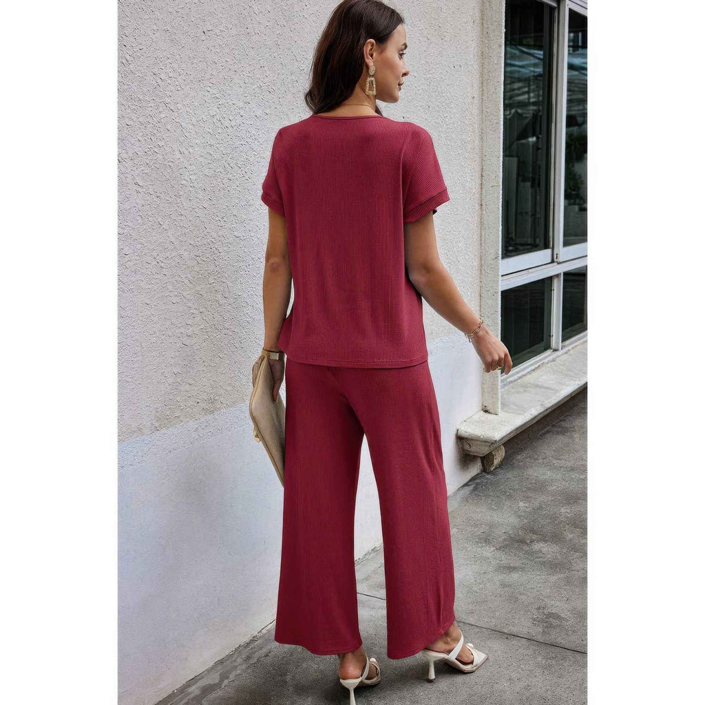 Solid Knit Pockets Button Up Two Pieces V Neck Set