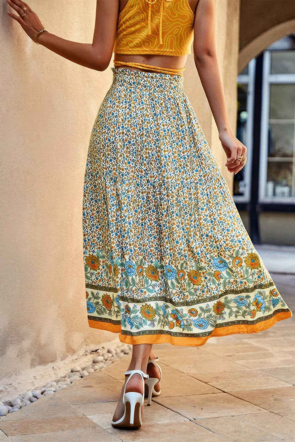 Drawstring Floral Ruffled Maxi Skirt