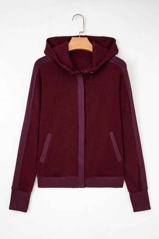 Waffle Zip Up Snap Button Hooded Jacket