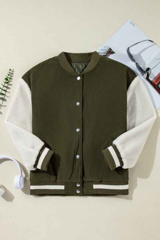 Colorblock Corduroy Fleece Patchwork Button-Up Bom