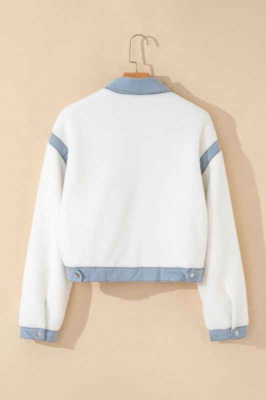 Solid Contrast Trim Buttoned Sherpa Jacket