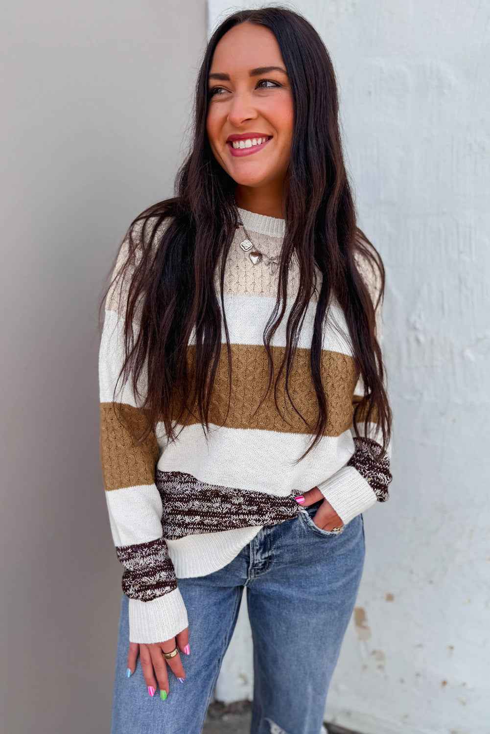 Brown Mixed Texture Knit Striped Color Block Loose Sweater