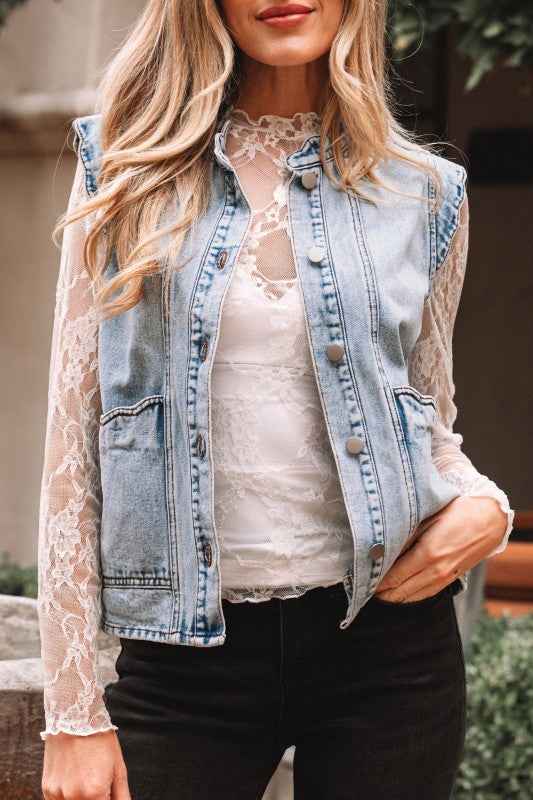 Denim Button-Front Scallop Trim Patch Pocket Vest