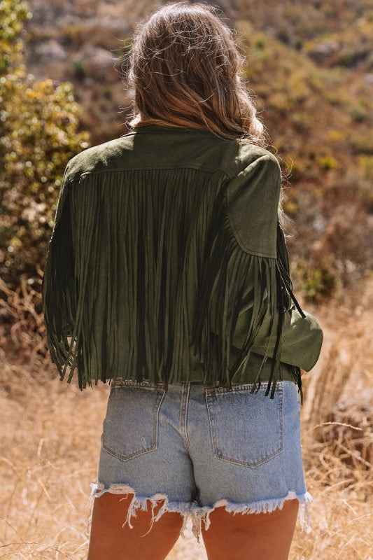 Western Faux Suede Fringe Cropped Jacket