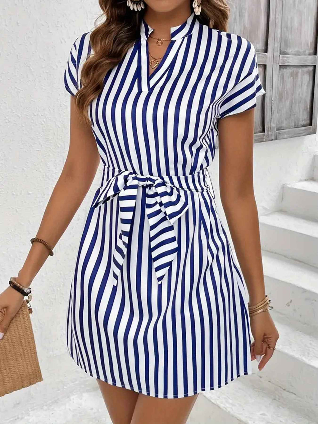 Striped Tie Waist Mini Dress
