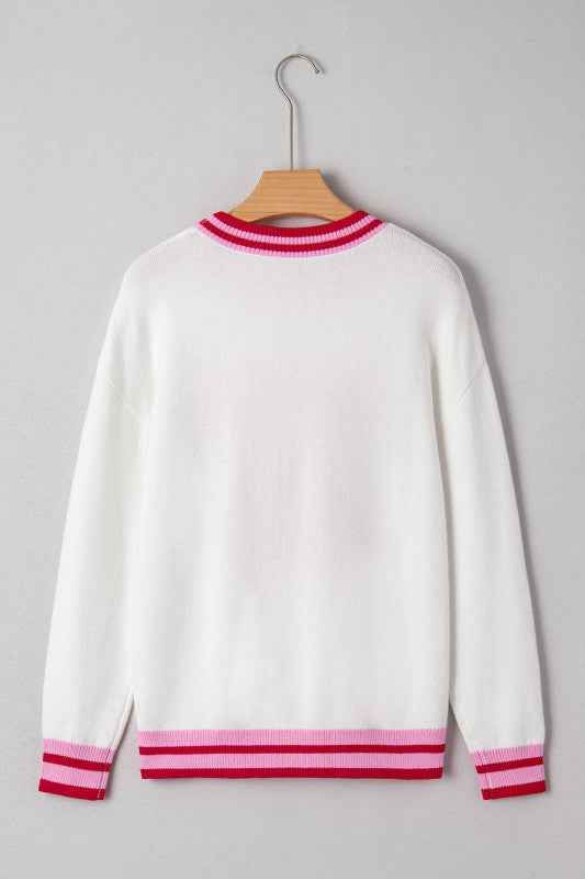 Christmas Stripe Trim Bow Crewneck Sweater