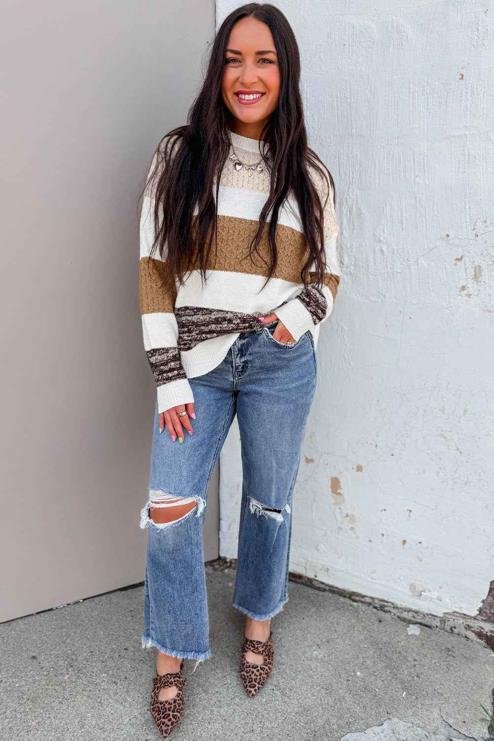 Brown Mixed Texture Knit Striped Color Block Loose Sweater