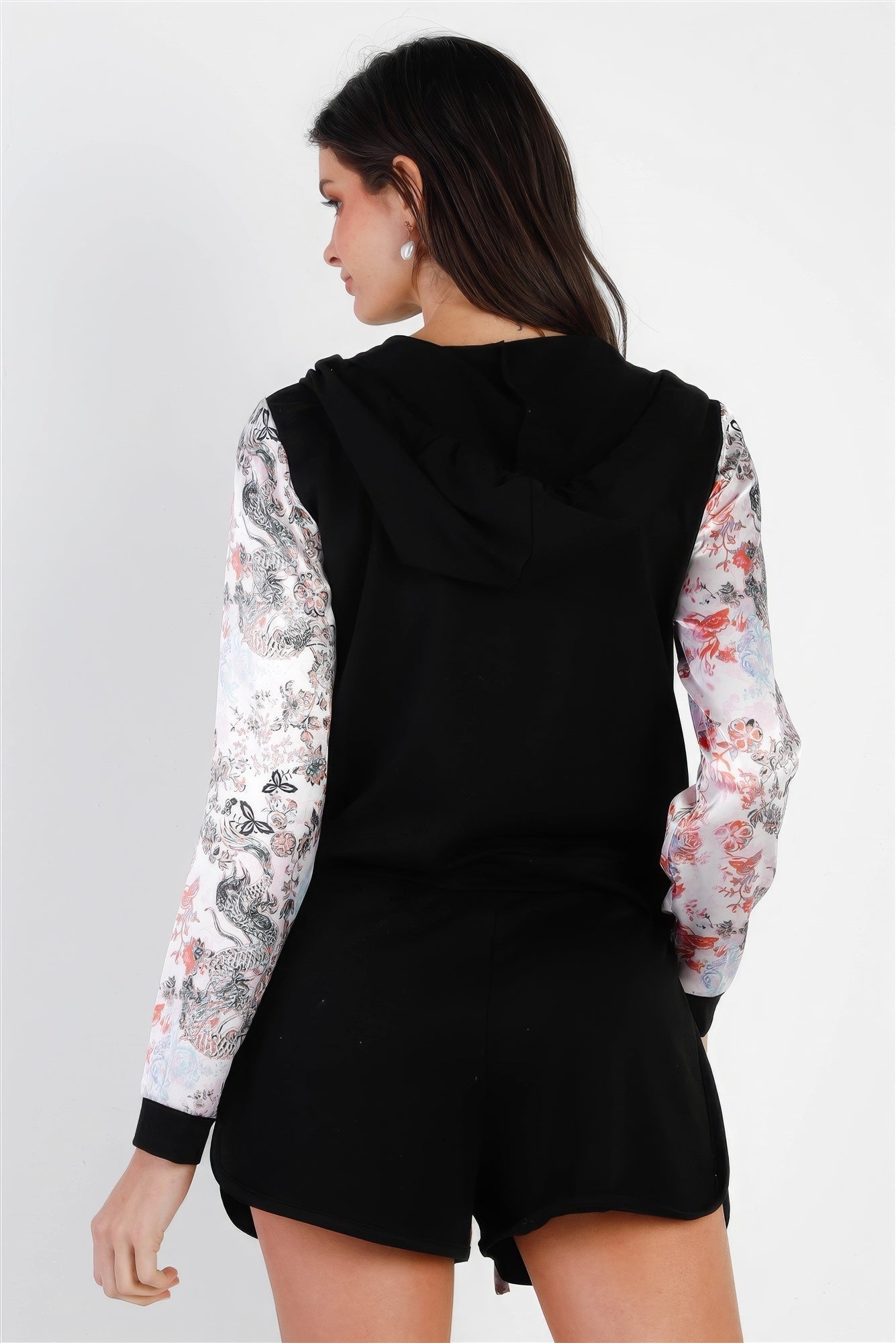 Black & Multi Color Print Colorblock Zip-up Hooded Top & Short Set - Excel Merchandise