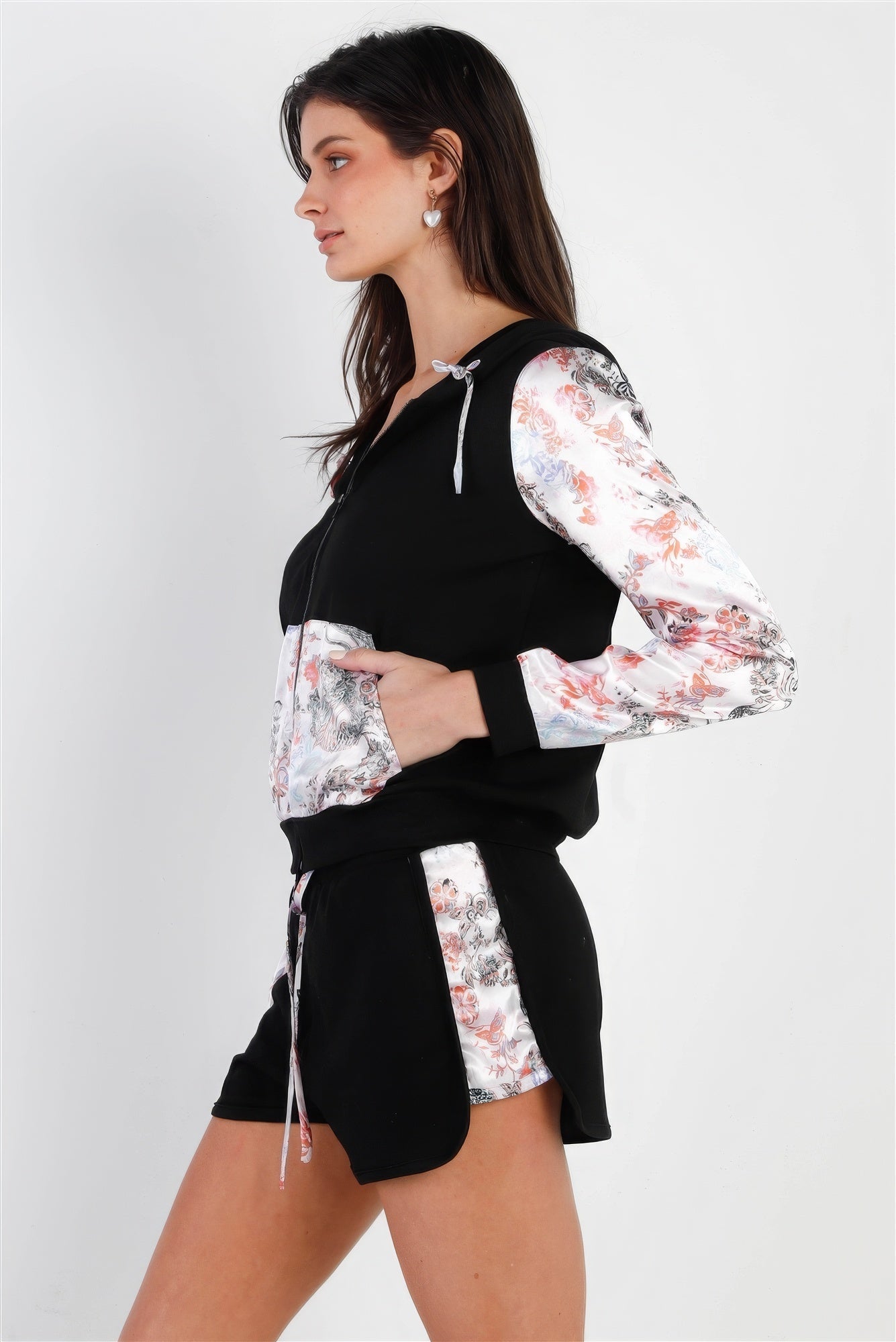 Black & Multi Color Print Colorblock Zip-up Hooded Top & Short Set - Excel Merchandise