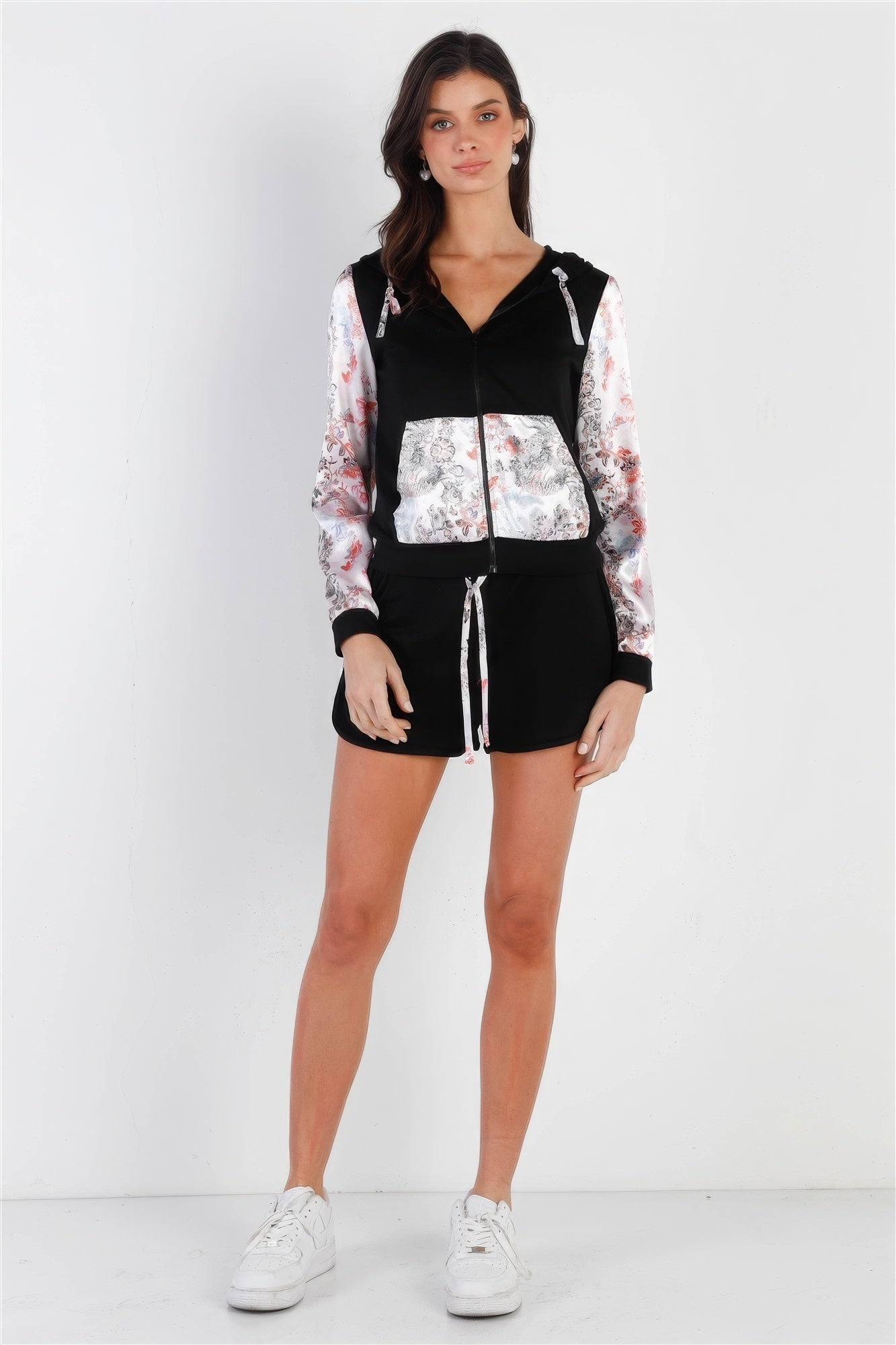 Black & Multi Color Print Colorblock Zip-up Hooded Top & Short Set - Excel Merchandise