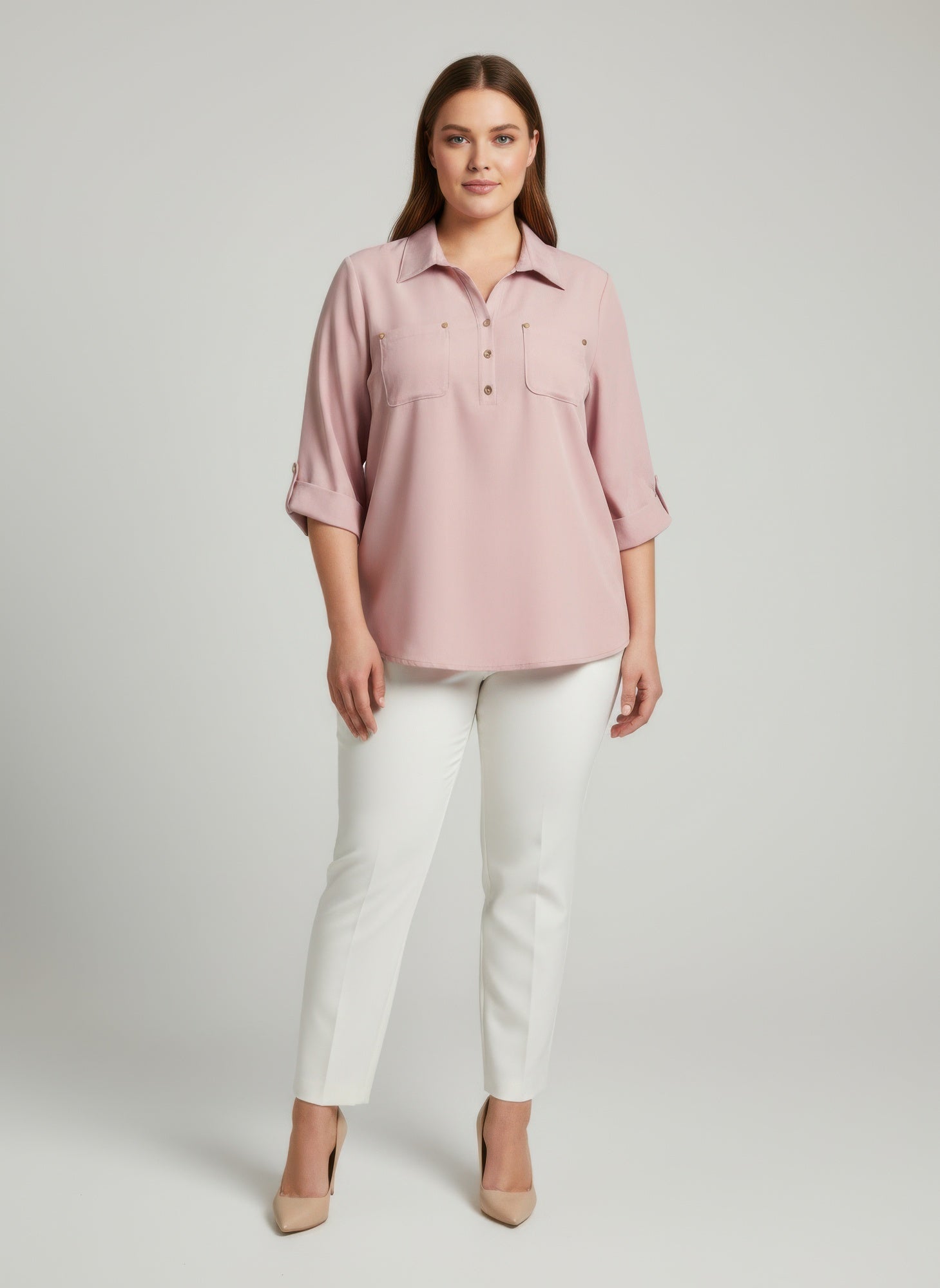 Blush Utility Button Front Roll Sleeve Blouse - Excel Merchandise