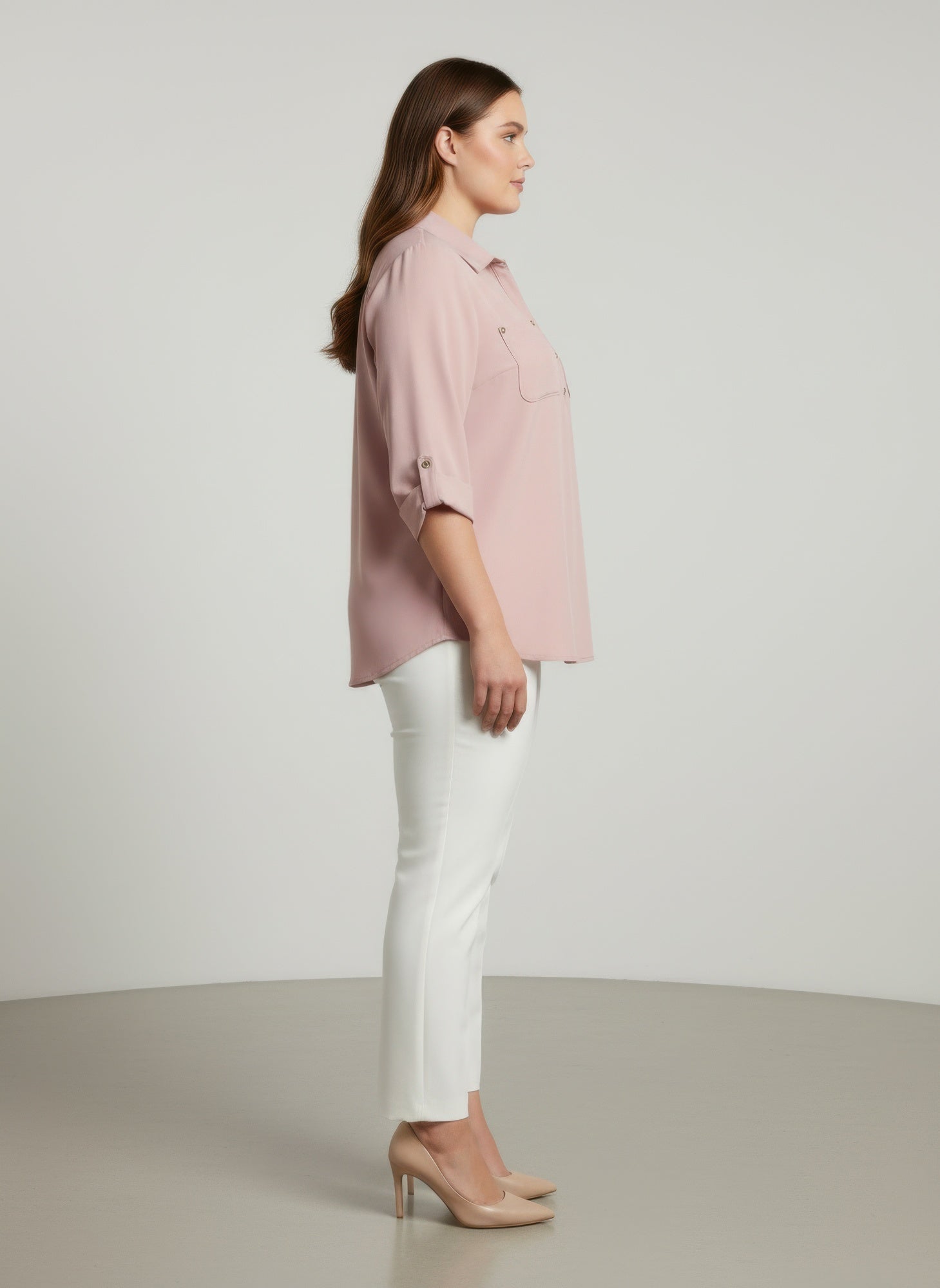 Blush Utility Button Front Roll Sleeve Blouse - Excel Merchandise