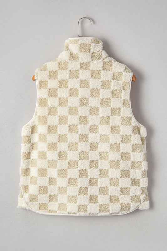 Checker Sherpa Snap Button Vest Jacket With Pocket