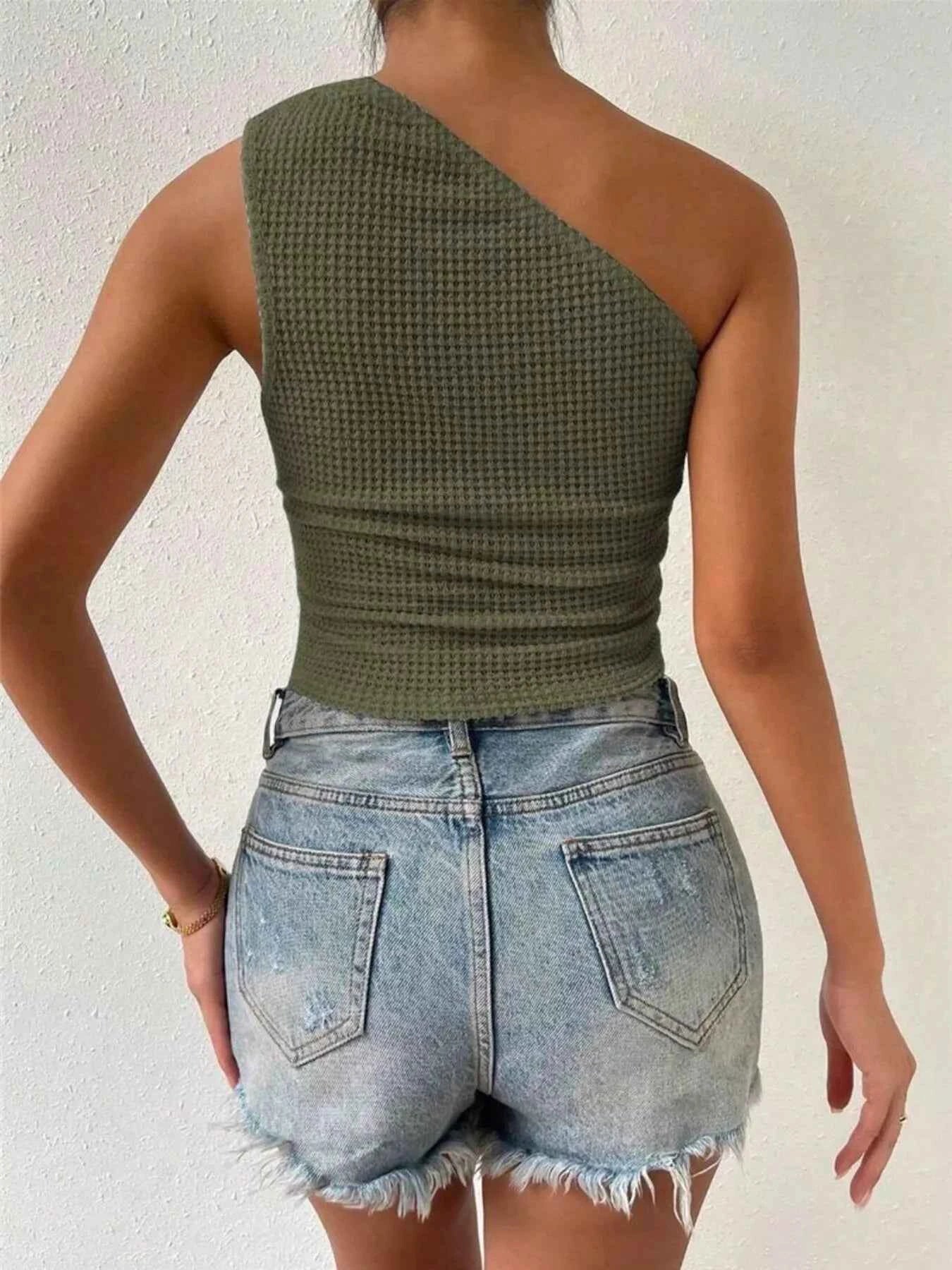 Asymmetrical One-Shoulder Waffle Knit Tank