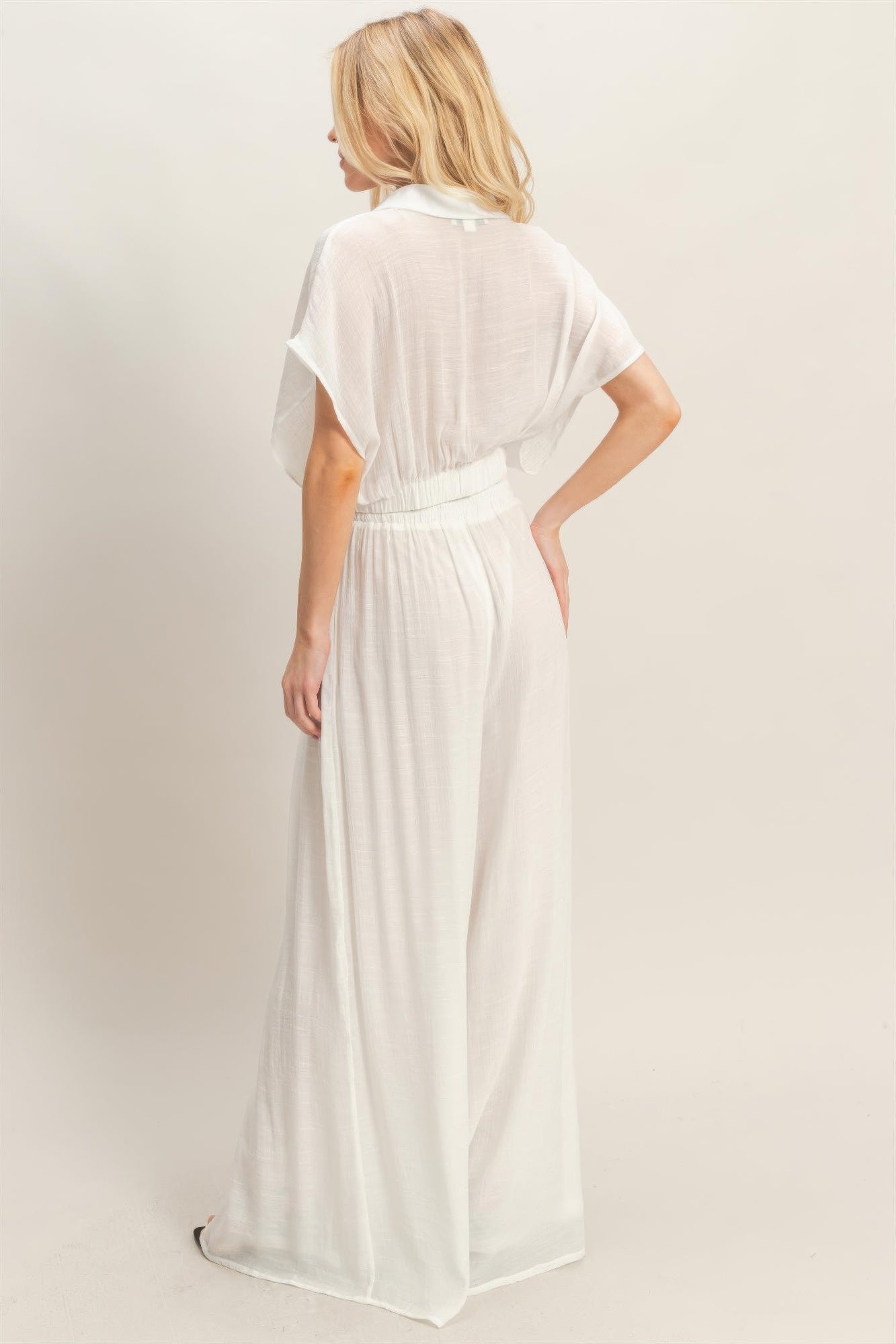 Collared Wrap Top & Wide-leg Pants Set - Excel Merchandise
