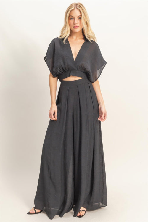Collared Wrap Top & Wide-leg Pants Set - Excel Merchandise