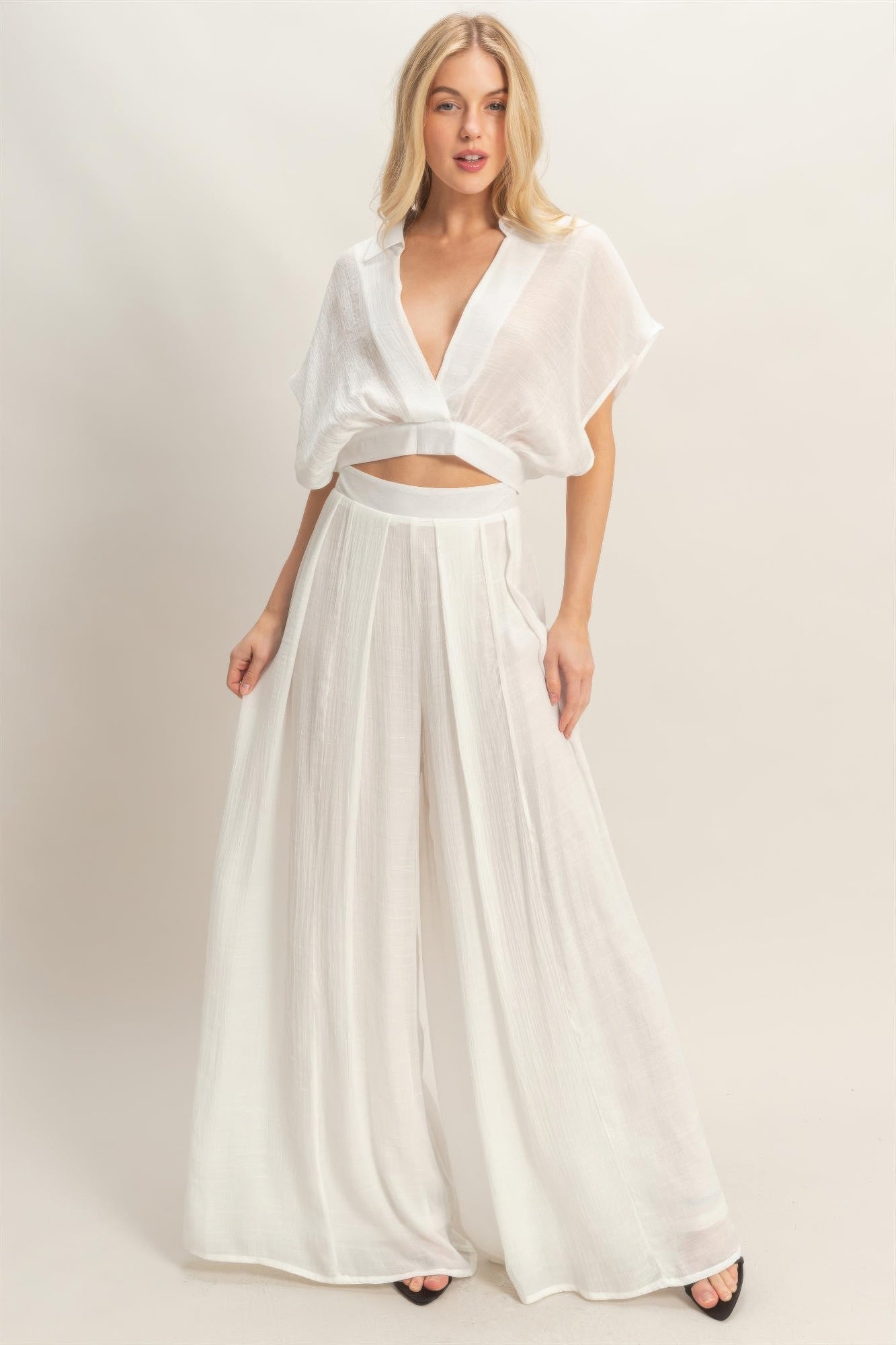 Collared Wrap Top & Wide-leg Pants Set - Excel Merchandise