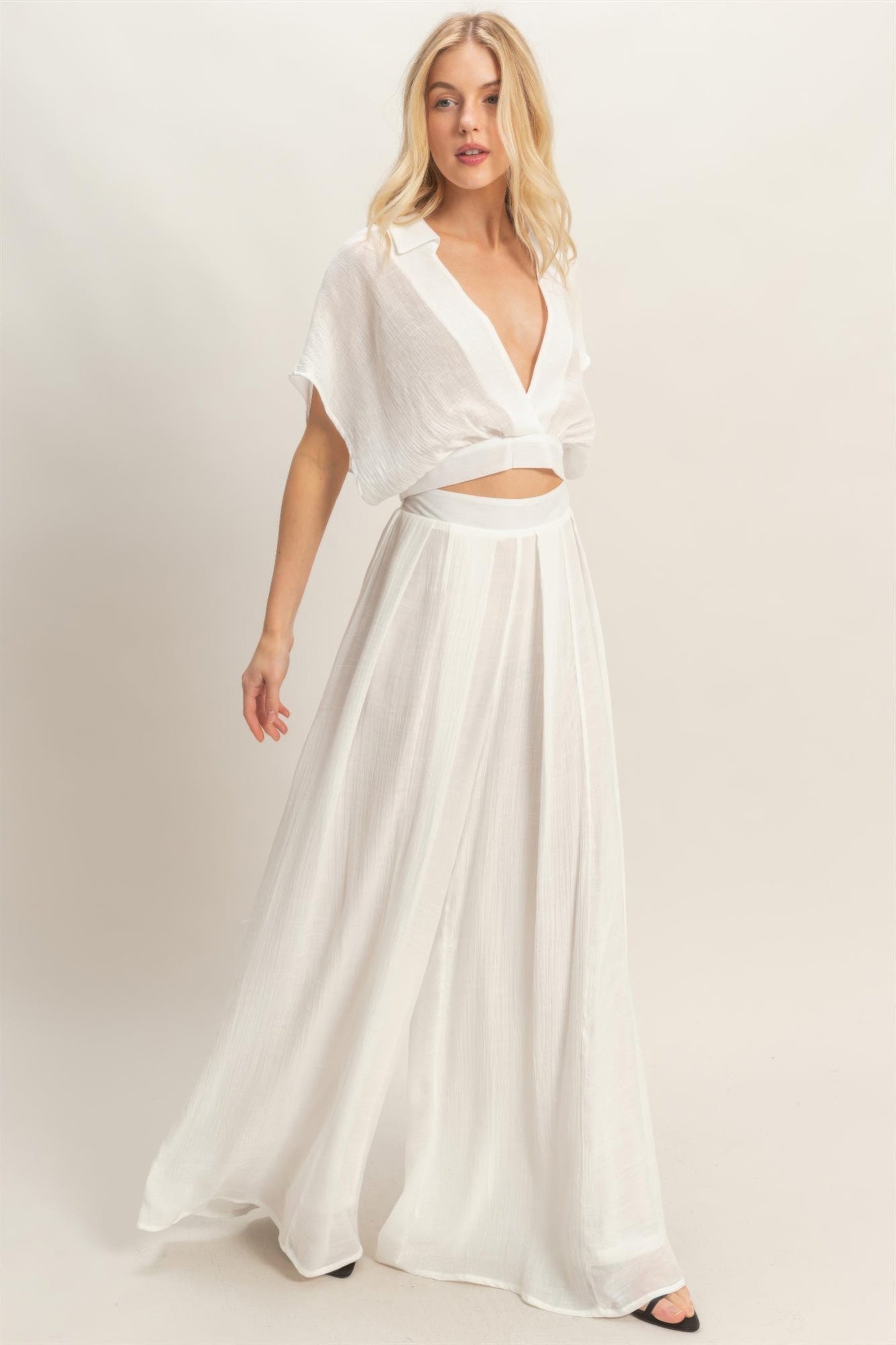 Collared Wrap Top & Wide-leg Pants Set - Excel Merchandise