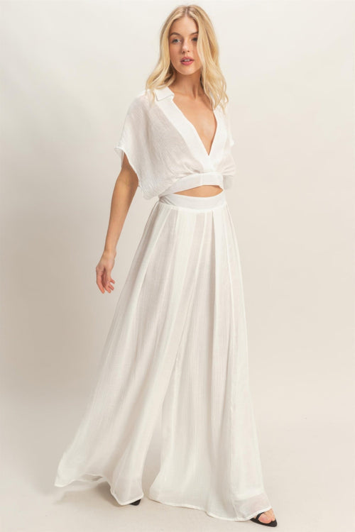 Collared Wrap Top & Wide-leg Pants Set - Excel Merchandise