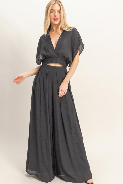 Collared Wrap Top & Wide-leg Pants Set - Excel Merchandise