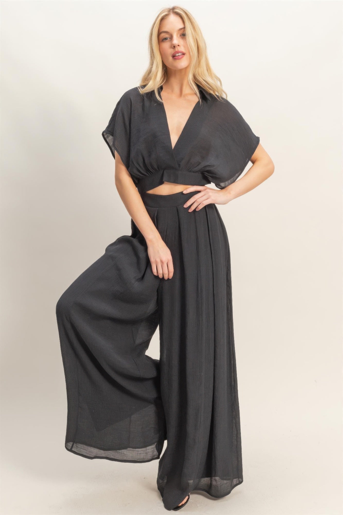 Collared Wrap Top & Wide-leg Pants Set - Excel Merchandise