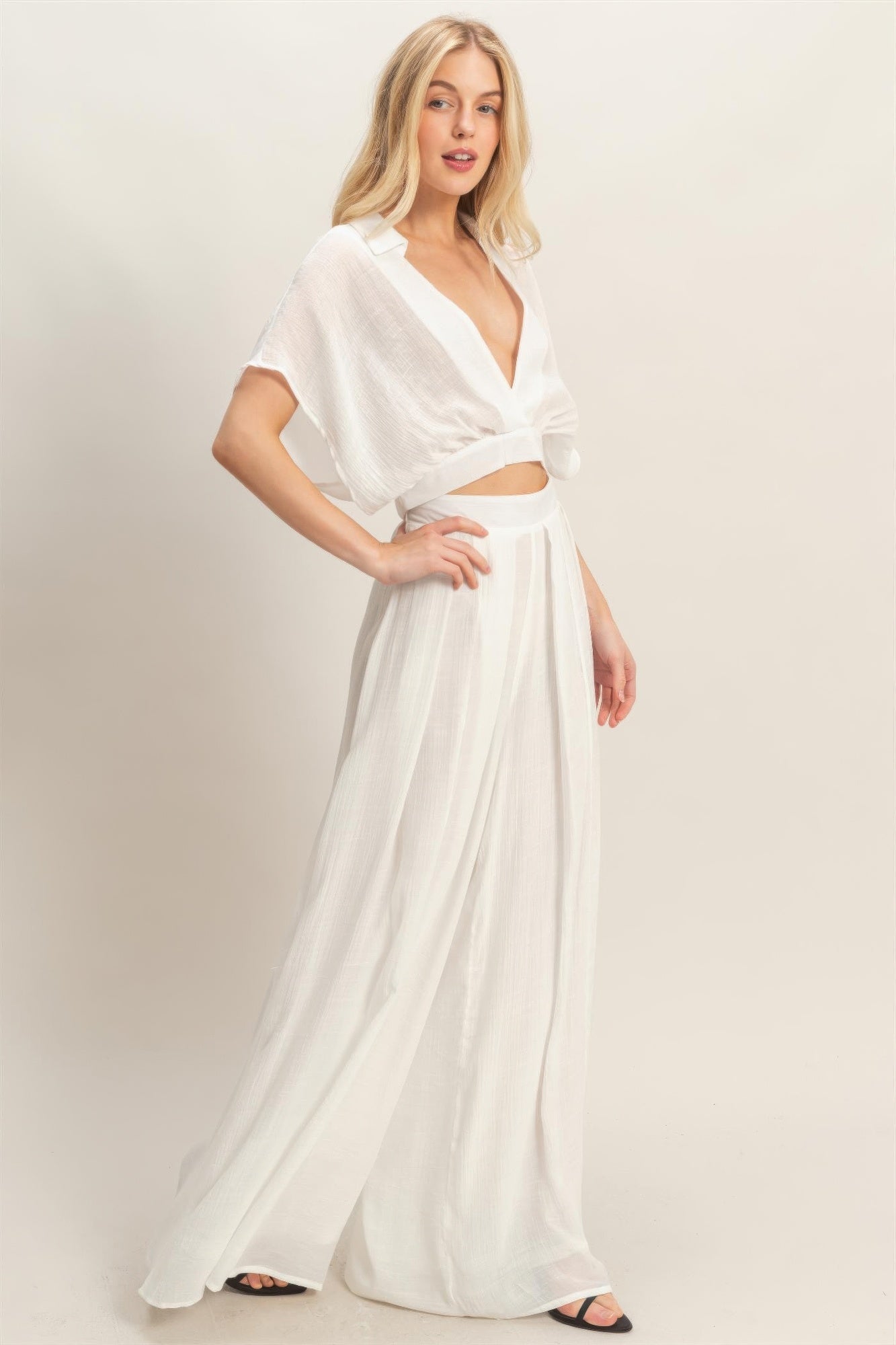 Collared Wrap Top & Wide-leg Pants Set - Excel Merchandise