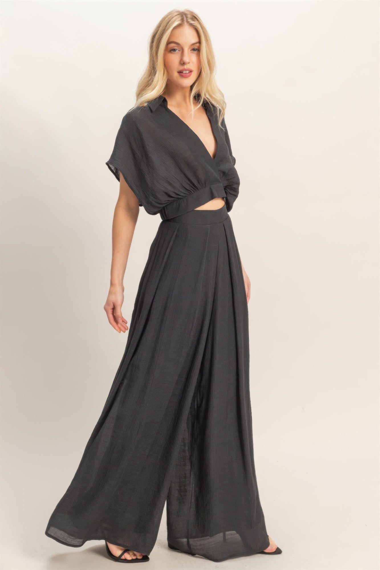 Collared Wrap Top & Wide-leg Pants Set - Excel Merchandise