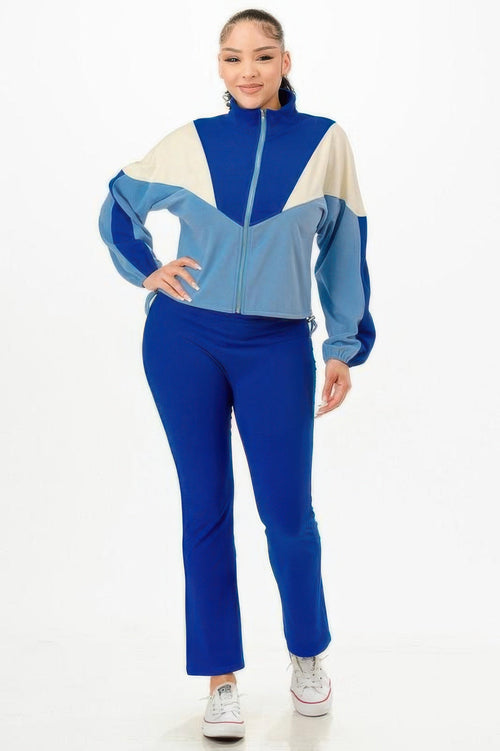 Color Blocked Jacket W/flare Pants Set - Excel Merchandise