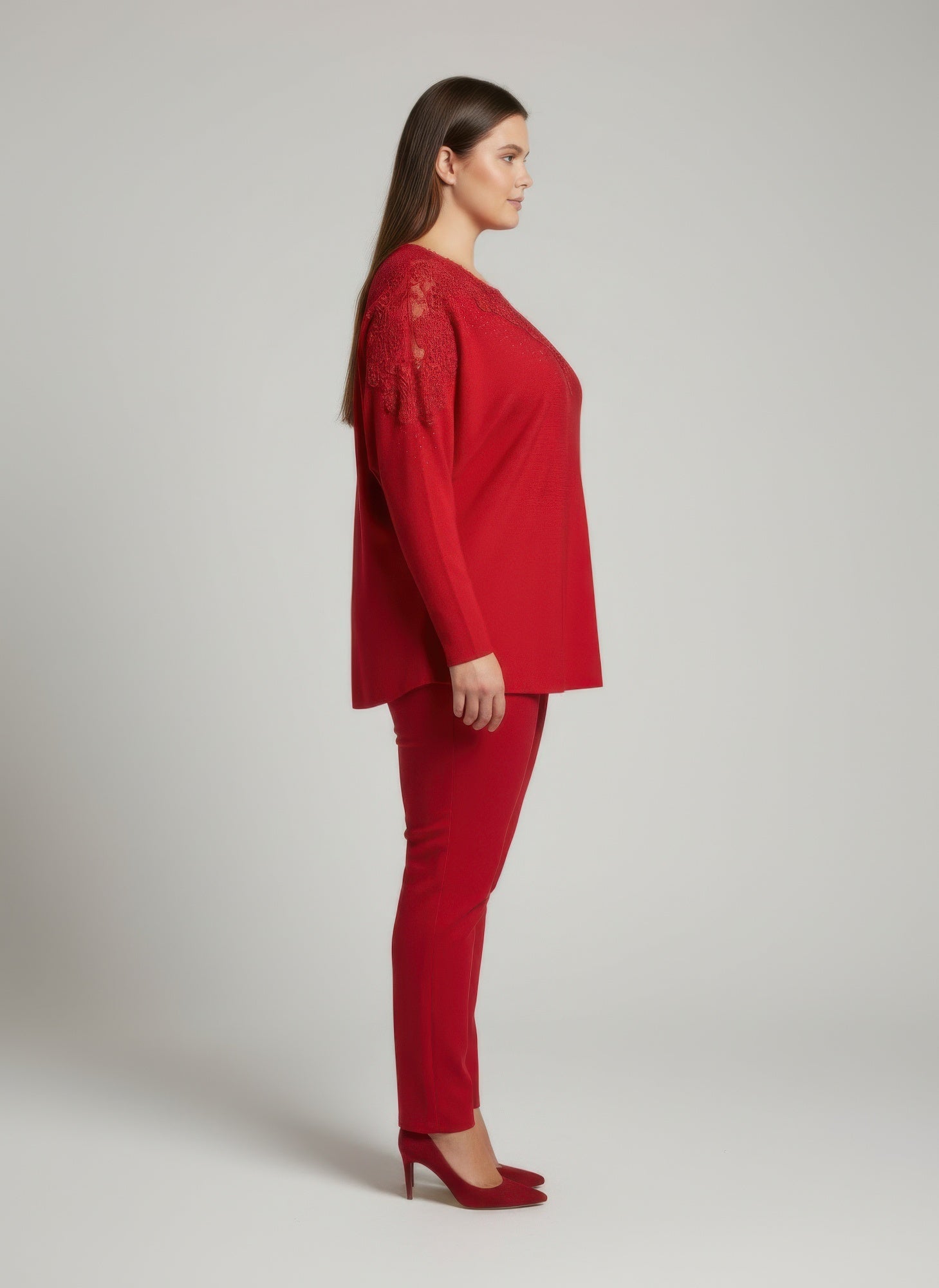 Crimson Lace Embellished Knit Tunic Top - Excel Merchandise