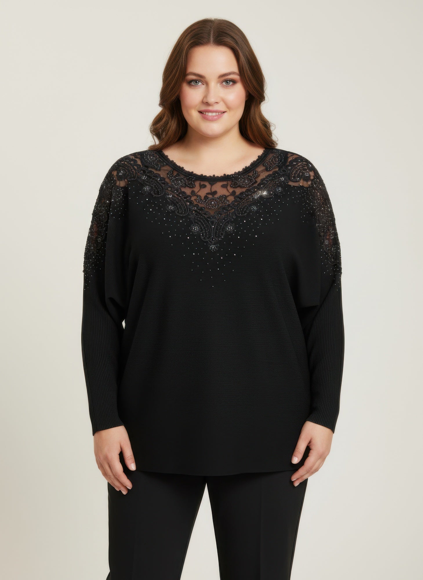 Crimson Lace Embellished Knit Tunic Top - Excel Merchandise