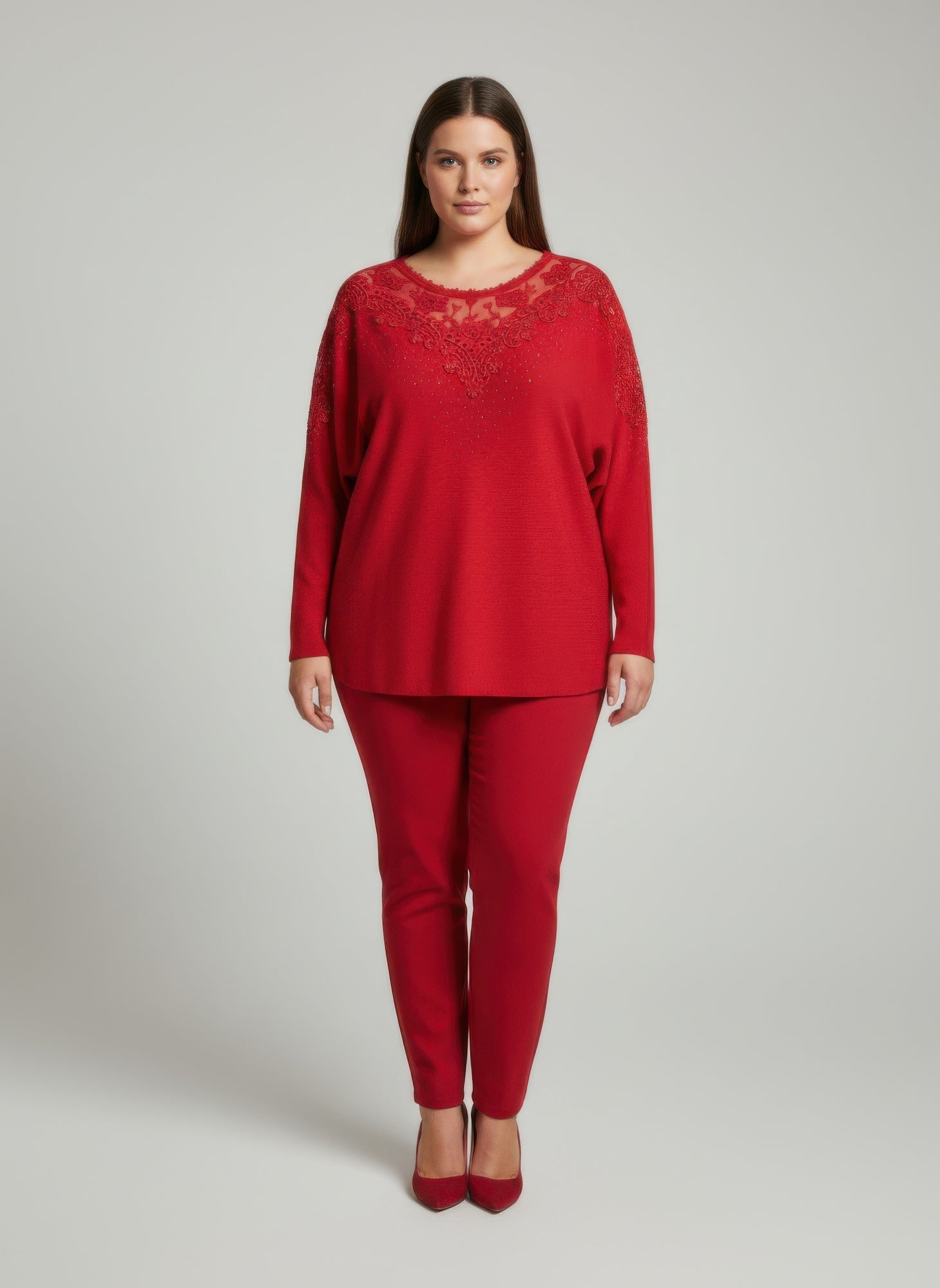 Crimson Lace Embellished Knit Tunic Top - Excel Merchandise