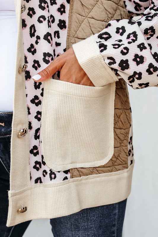 Leopard Waffle Quilted Patchwork Buttoned Jacket