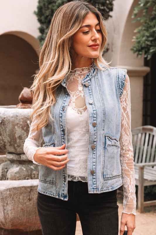 Denim Button-Front Scallop Trim Patch Pocket Vest