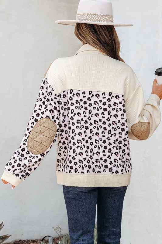 Leopard Waffle Quilted Patchwork Buttoned Jacket