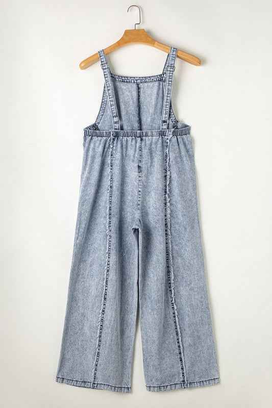 Frayed Exposed Seam Wide Leg Denim Overall