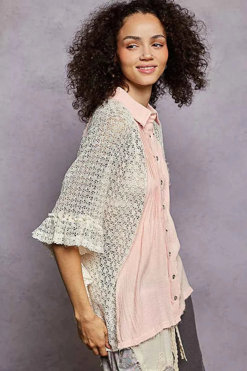 POL Button Down Front Pleated Shirt with Crochet Patch