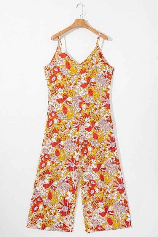 Floral V-Neck Wide Leg Sleeveless Jumpsuit
