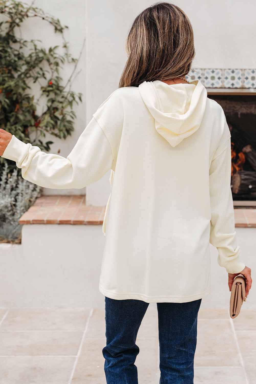 White Solid Color Cute Bow Detail Loose Hoodie