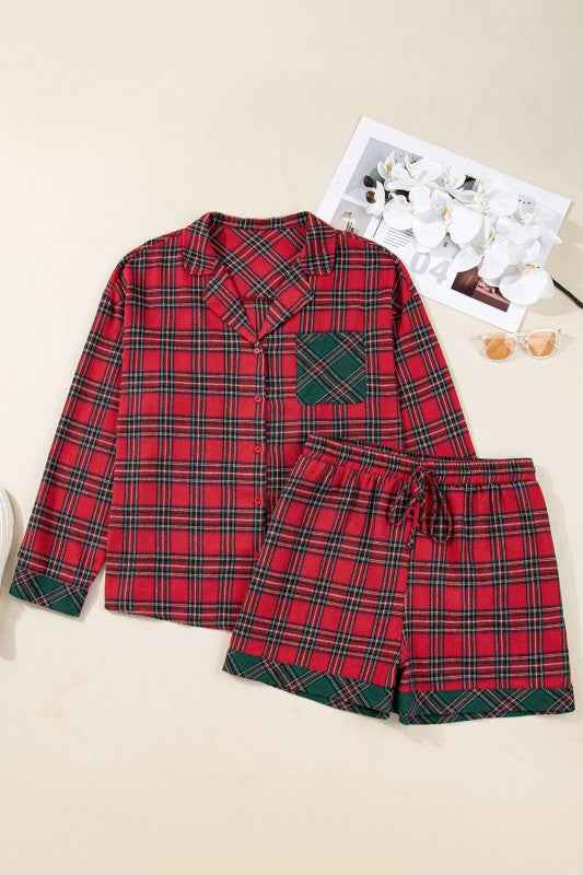 Plus Size Christmas Plaid Shirt and Shorts Pajama