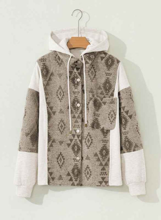 Western Aztec Colorblock Patchwork Drawstring Hood