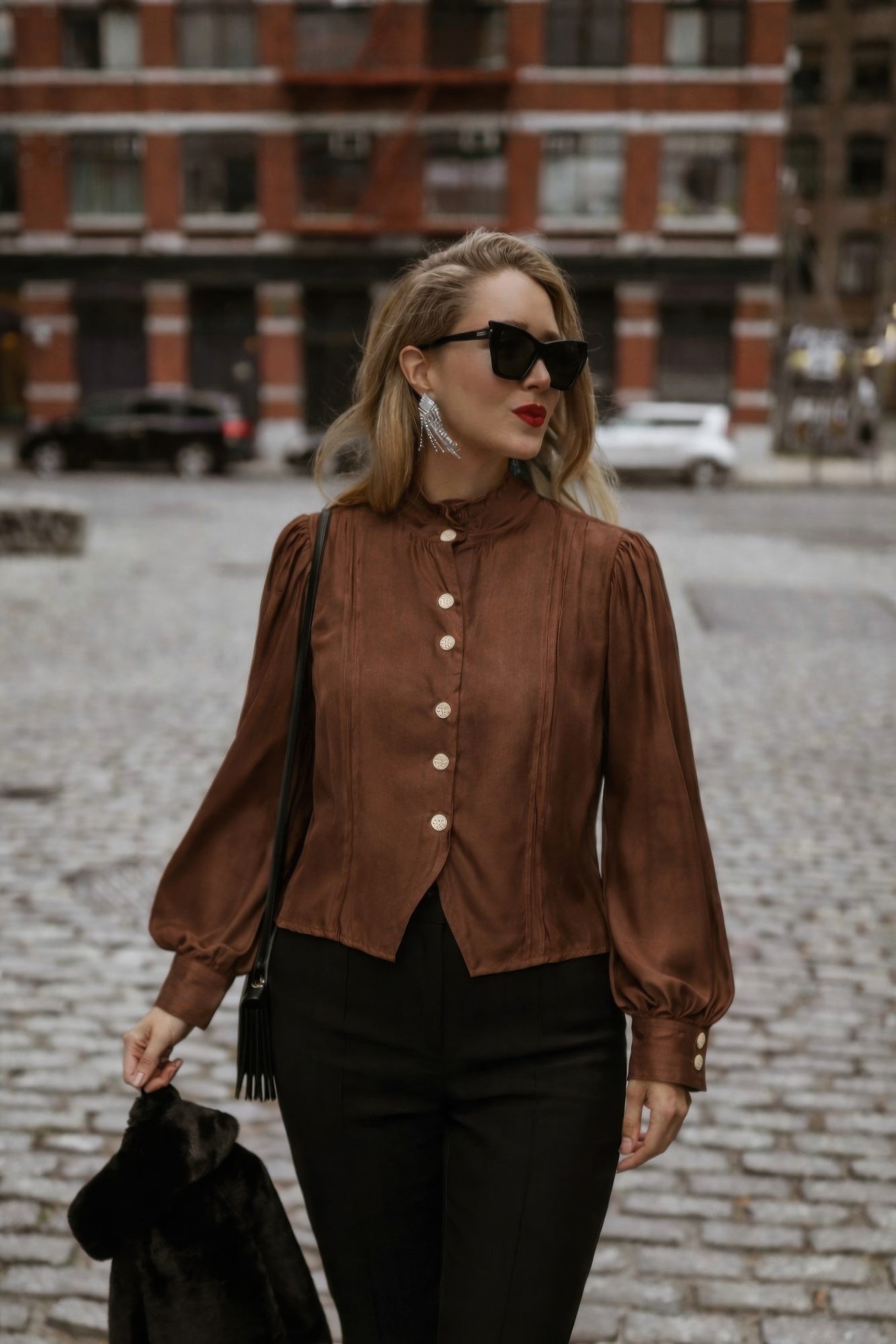Elegant Satin-finish Victorian Button-up Top - Excel Merchandise