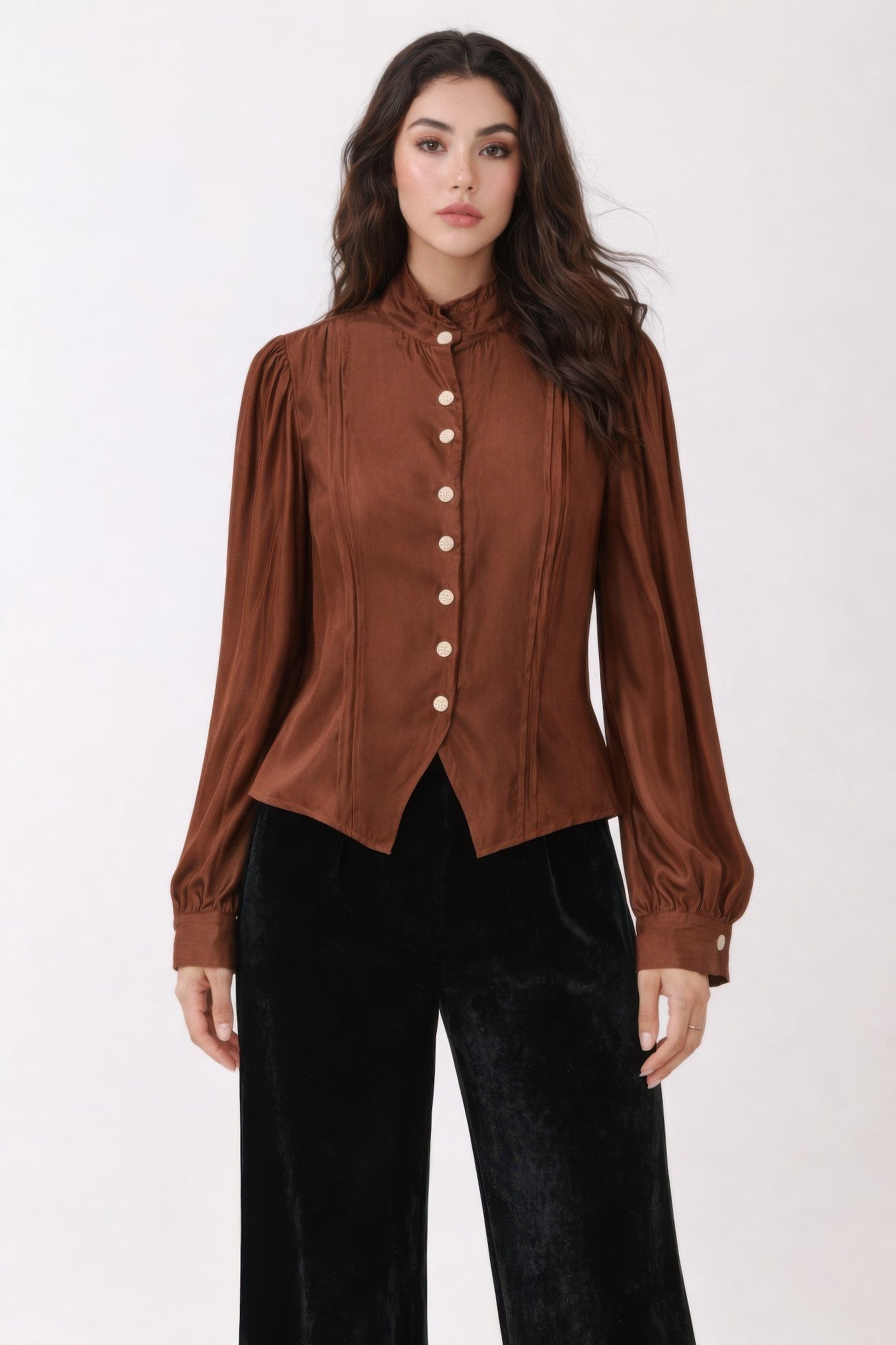 Elegant Satin-finish Victorian Button-up Top - Excel Merchandise