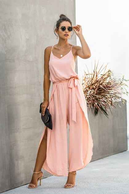 V Neck Suspenders Wide Leg Side Slit Jumpsuit
